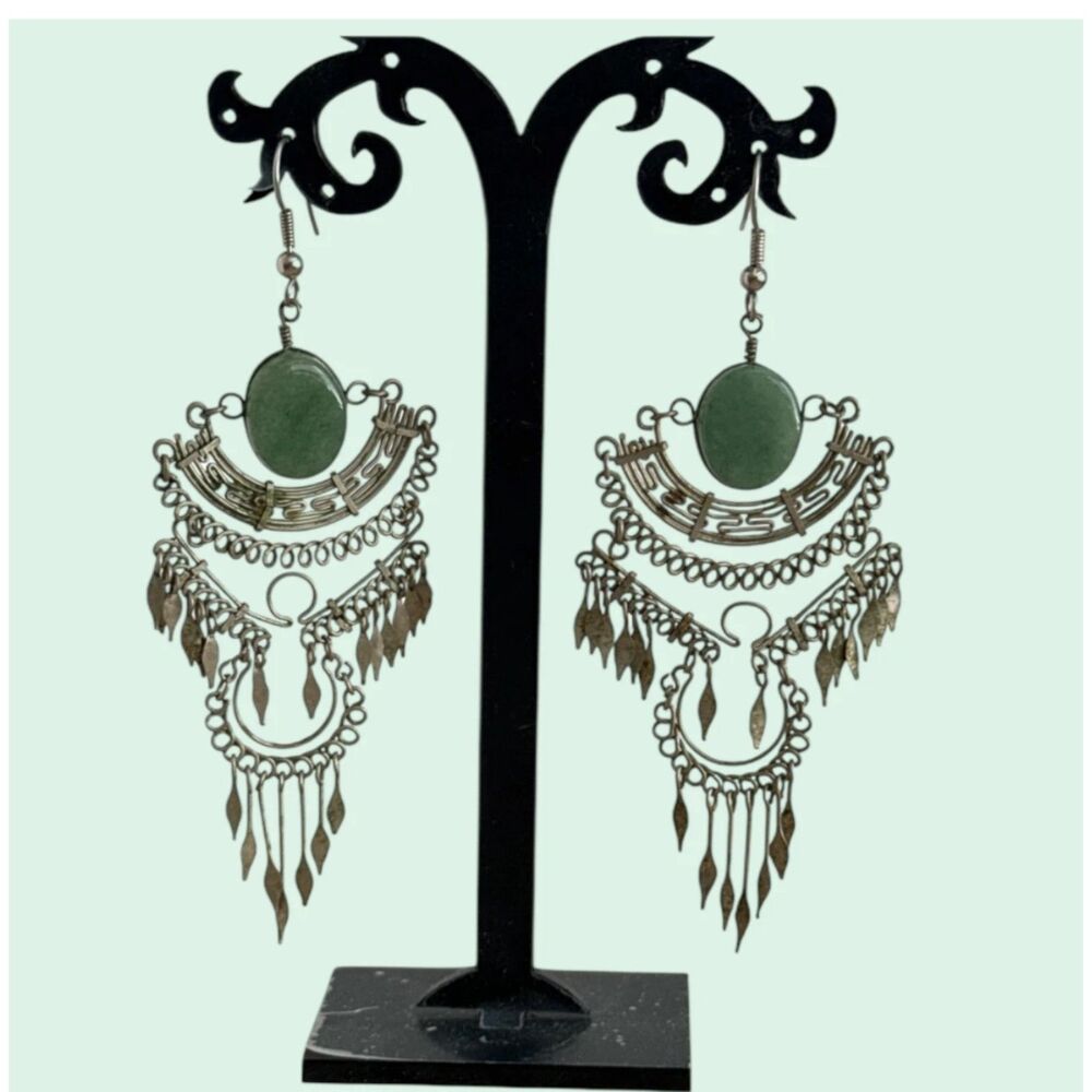 Tribal Statement Earrings Green Stone Dangles Boho Festival Jewelry